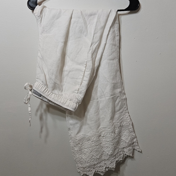 Kenar White Linen Lace Hem Boho Beach Drawstring Pants - Picture 2 of 7
